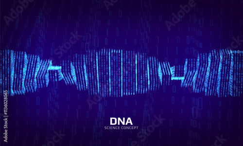 Abstract binary DNA structure. 3D digital genetic model constructed with numbers one and zero. Scientific background for genetics, biotechnology and medical research. Vector illustration.