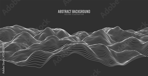 Contour mountain landscape. Waved line art. Abstract minimal topographic map. Contour lines with elevations and terrain depth. Vector illustration.