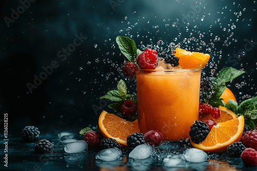 Orange juice with ice cubes, surrounded by berries and mint leaves, splashing on a dark background. Healthy lifestyle as a new year resolution. 