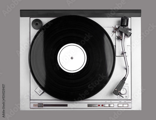 Vinyl Record player isolated in grey background. Top view. Musical photo