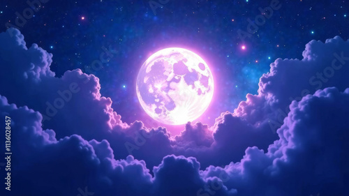 Dreamlike abstract background with a giant glowing moon partially obscured by ethereal clouds in a mystical night sky