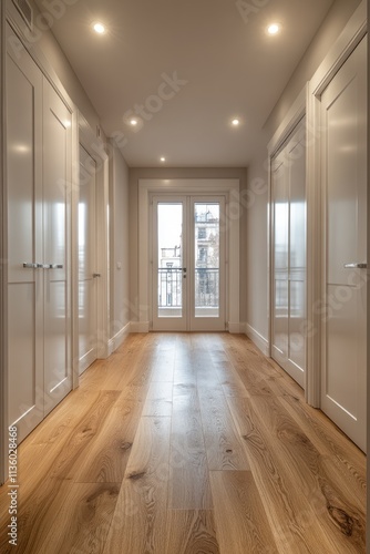 Wallpaper Mural Bright hallway with white doors, hardwood floor, and balcony view. Torontodigital.ca