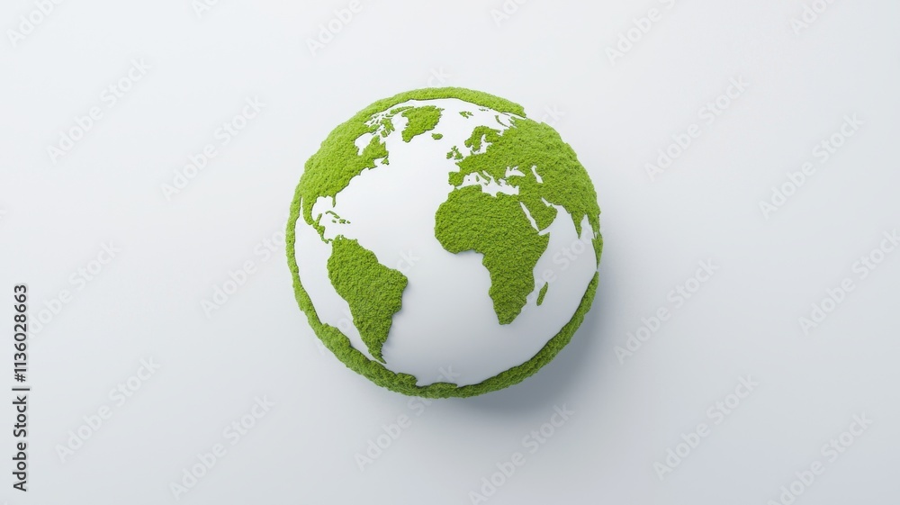 A green globe symbolizes environmental sustainability, featuring continents made of lush vegetation on a white background. A green globe symbolizes environmental sustainability, featuring continents made of lush vegetation on a white background.