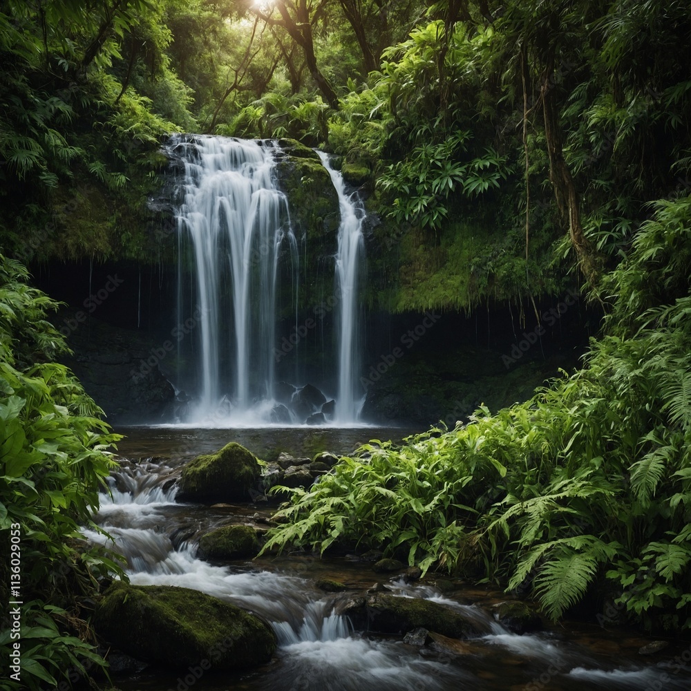 A waterfall framed by lush greenery. A waterfall framed by lush greenery.