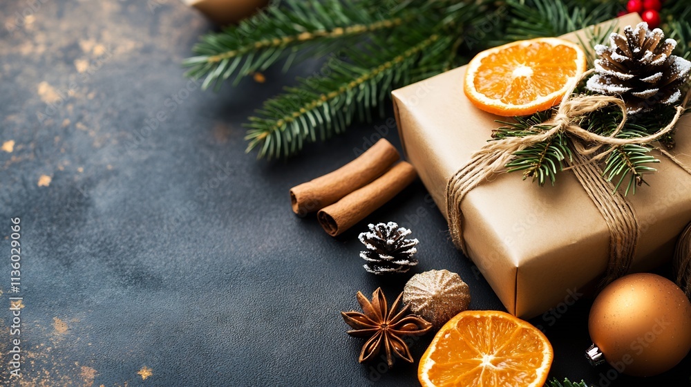 Rustic Christmas Gift Wrapped with Natural Elements and Citrus Decor for Festive Holiday Ambiance : Generative AI Rustic Christmas Gift Wrapped with Natural Elements and Citrus Decor for Festive Holiday Ambiance : Generative AI
