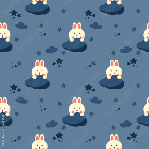 Rabbit on cloud blue cartoon so cute. On star cloud blue background. Pattern seamless vector illustration. 
