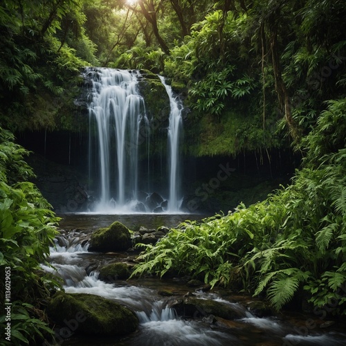 A waterfall framed by lush greenery.