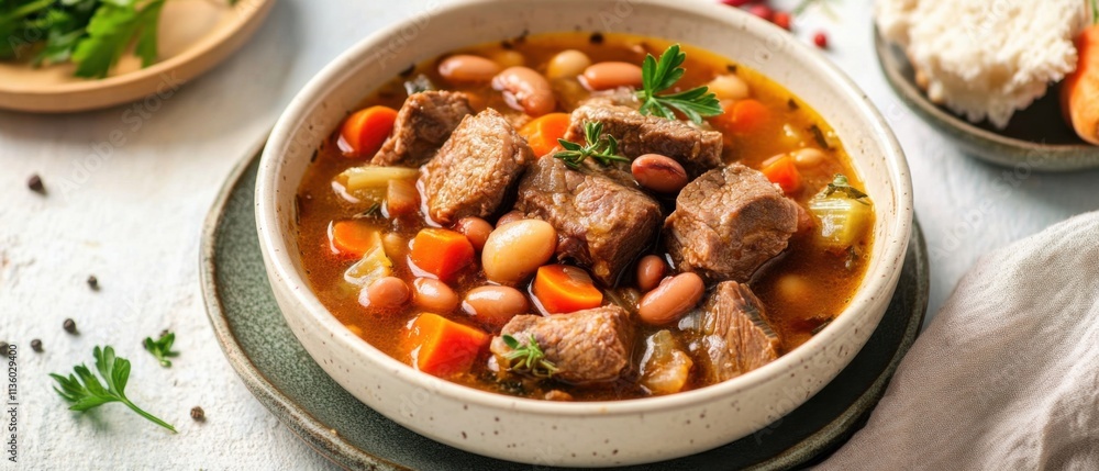 Hearty Beef and Bean Stew in Rustic Bowl, Autumnal Comfort Food Hearty Beef and Bean Stew in Rustic Bowl, Autumnal Comfort Food
