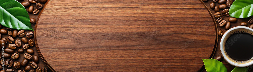 Wooden table with coffee beans and cup for design space. Wooden table with coffee beans and cup for design space.