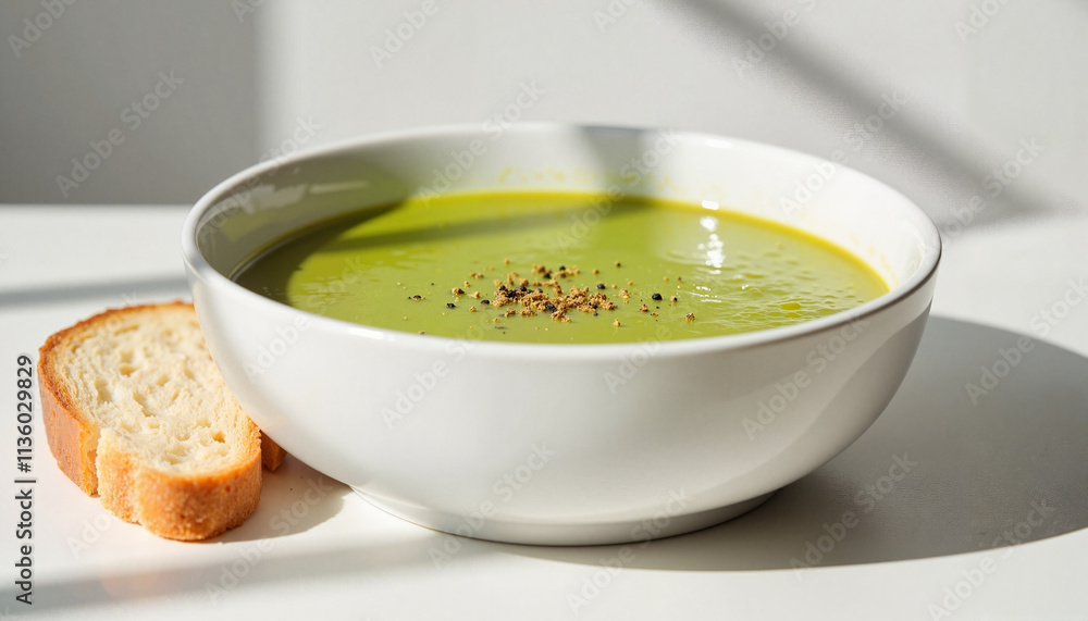 Creamy green soup with black pepper and bread slice on white table. Creamy green soup with black pepper and bread slice on white table.