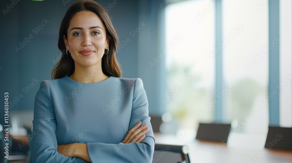 A confident woman stands in a modern office, showcasing professionalism and poise with a welcoming smile. A confident woman stands in a modern office, showcasing professionalism and poise with a welcoming smile.