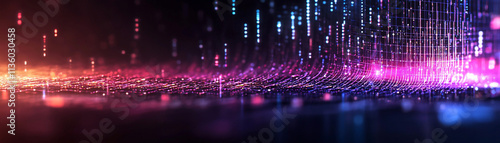 Abstract digital landscape with colorful lights and data streams in a futuristic environment. photo