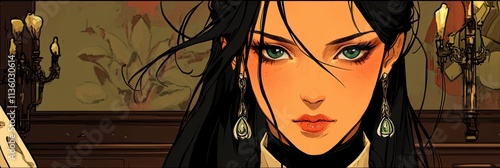 Captivating Portrait of a Woman with Striking Features, Elegant Jewelry, and Intriguing Background in a Vintage Atmosphere