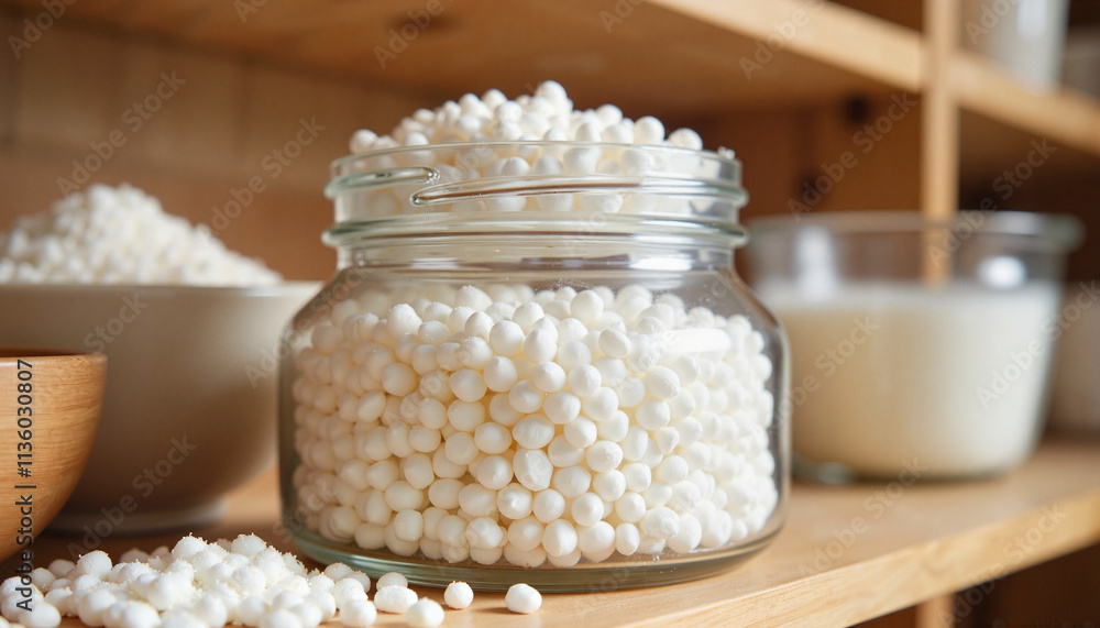 Glass jar filled with white tapioca pearls on wooden shelves. Glass jar filled with white tapioca pearls on wooden shelves.