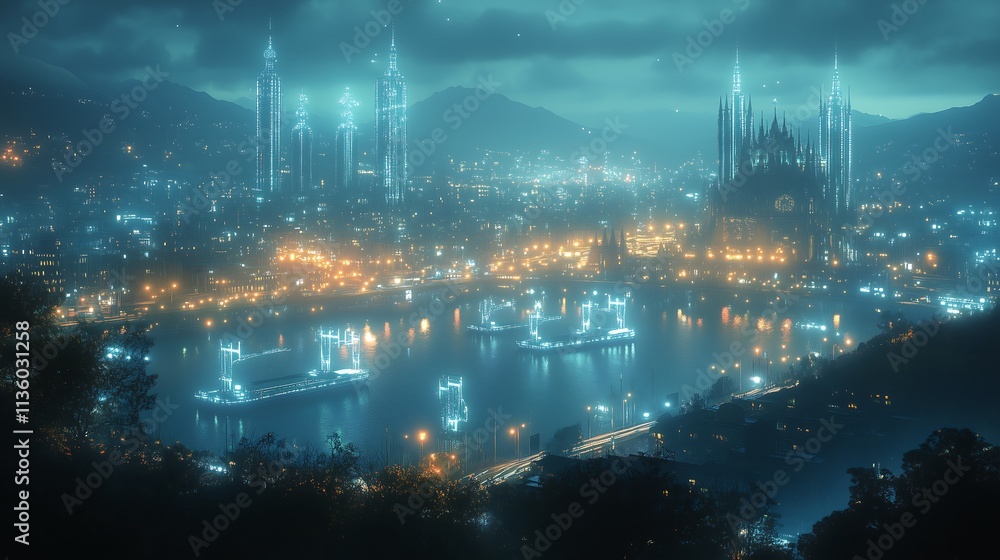 Nightfall in the Azure City: A breathtaking, panoramic view of a futuristic city at night, bathed in an ethereal blue glow. The scene is both captivating and mysterious. Nightfall in the Azure City: A breathtaking, panoramic view of a futuristic city at night, bathed in an ethereal blue glow. The scene is both captivating and mysterious.