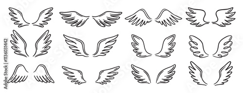 Angel wing doodle hand drawn icon set. Outline drawing angel wings line clipart symbol collection