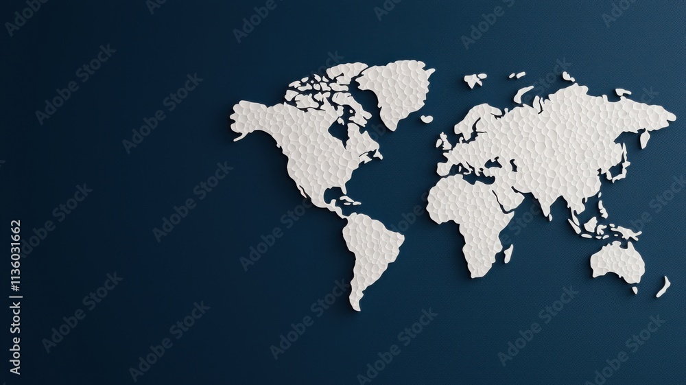 Naklejka premium A minimalist world map in white against a dark blue background, showcasing geographic outlines with a modern and clean design.