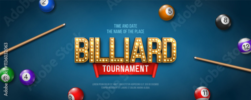 Billiard tournament banner with cue and colorful balls. Poster for sports championship. Vector illustration.