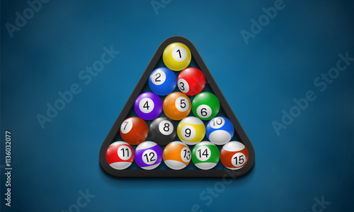 Billiard balls in black triangle rack. Pool balls with numbers top view. Vector illustration.