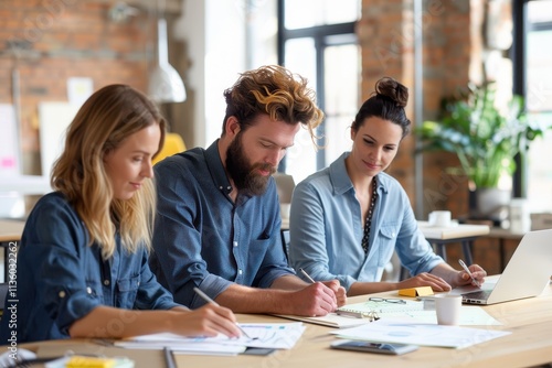 Three young professionals collaborate on a creative project in a modern workspace filled with natural light and greenery.