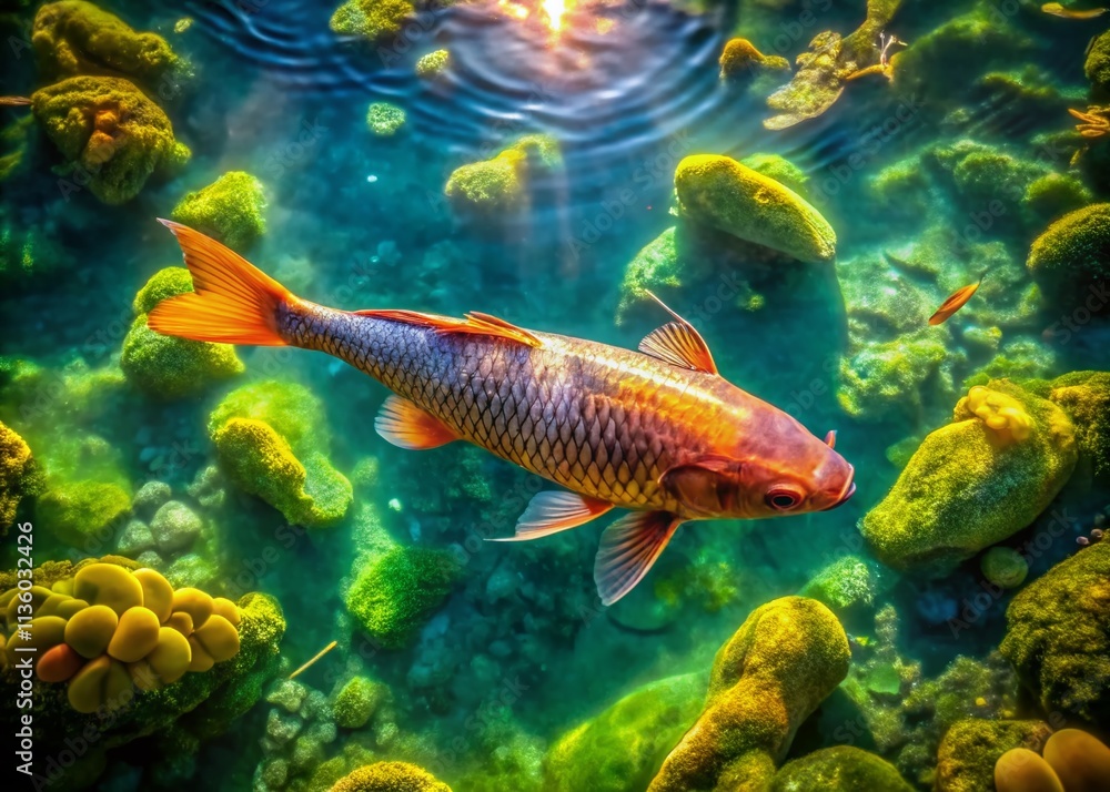 Fototapeta premium Aerial View Fish Pond, Drone Photography, Underwater Fish, Aquatic Life, Top Down Fish Photo