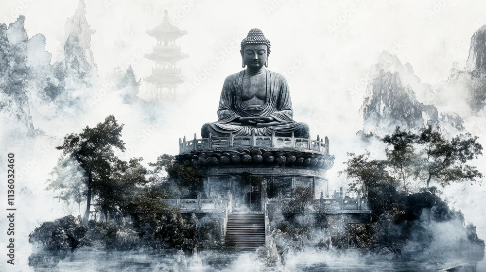 Buddha meditating on a serene island surrounded by traditional Chinese architecture in a mystical watercolor landscape Buddha meditating on a serene island surrounded by traditional Chinese architecture in a mystical watercolor landscape
