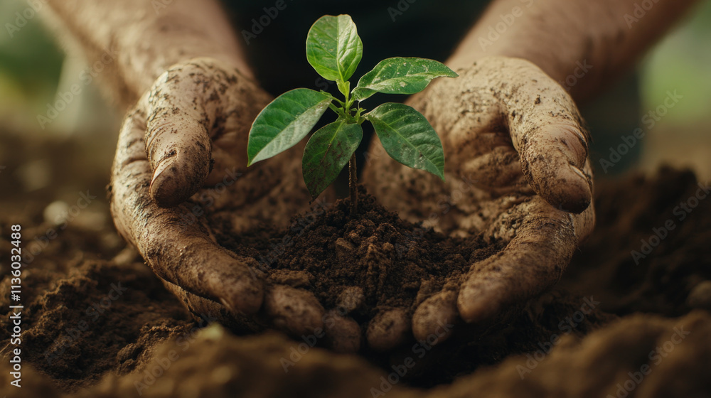 Hands cradling a young seedling in soil celebrating growth and sustainability Hands cradling a young seedling in soil celebrating growth and sustainability