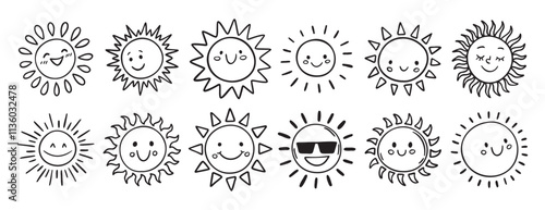 Cute kids sun doodle hand drawn icon set. Outline drawing funny happy smile suns cartoon characters line clipart symbol collection