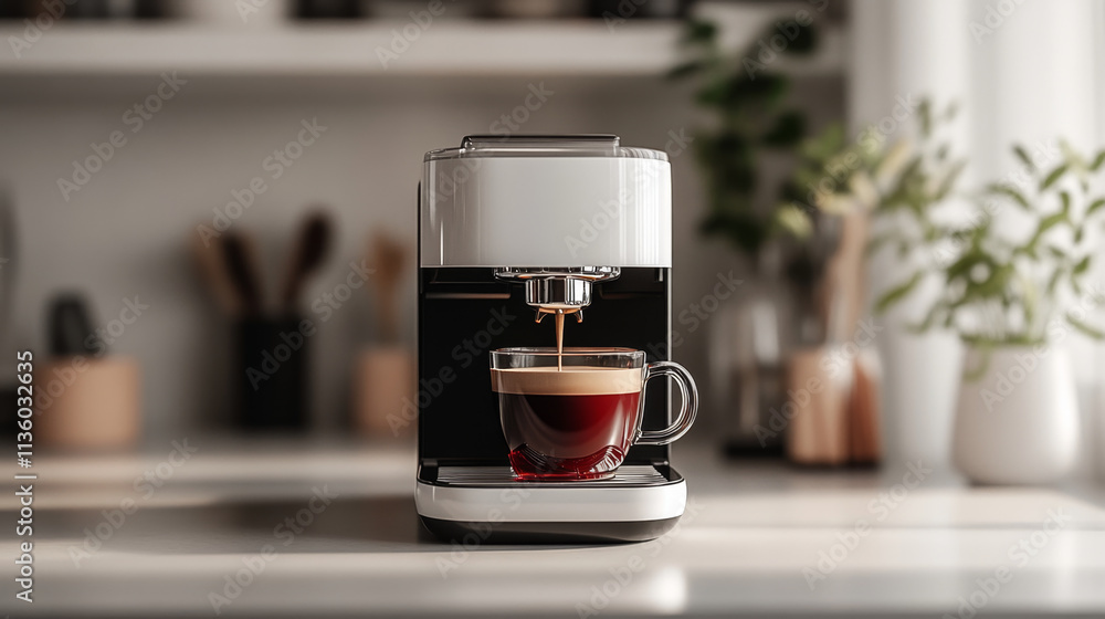 Modern coffee machine brewing fresh espresso on a sunny kitchen counter Modern coffee machine brewing fresh espresso on a sunny kitchen counter
