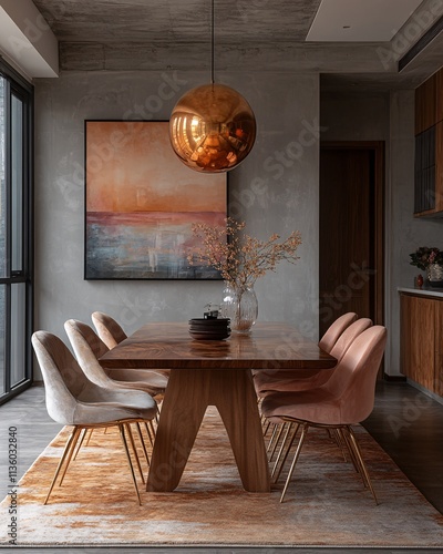 A modern dining room featuring a wooden table, stylish chairs, a pendant light, and artistic wall decor, creating a warm and inviting atmosphere.