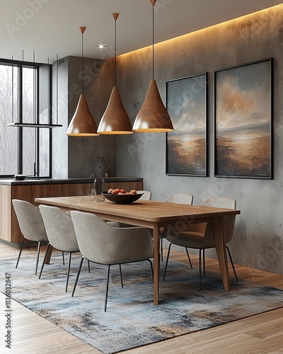 A modern dining room featuring a wooden table, stylish chairs, pendant lighting, and artwork against a textured wall.