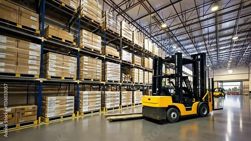 Large warehouse interior with high shelving units full of cardboard boxes and forklifts.