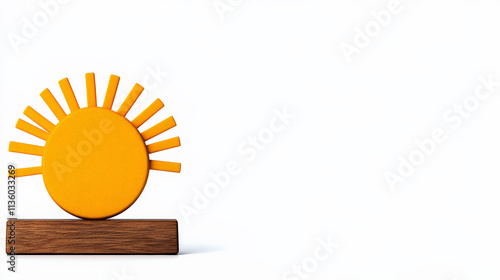 Sunrise Minimalist Sculpture: A vibrant yellow sun sculpture on a dark wooden base, symbolizing positivity, warmth, and new beginnings. Perfect for design blogs, websites, and social media.  photo