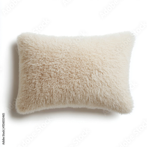 Soft beige fluffy pillow on white background for cozy home decor