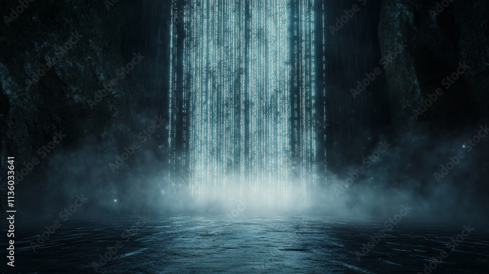 Futuristic digital waterfall of binary code in a mystical cave setting Futuristic digital waterfall of binary code in a mystical cave setting