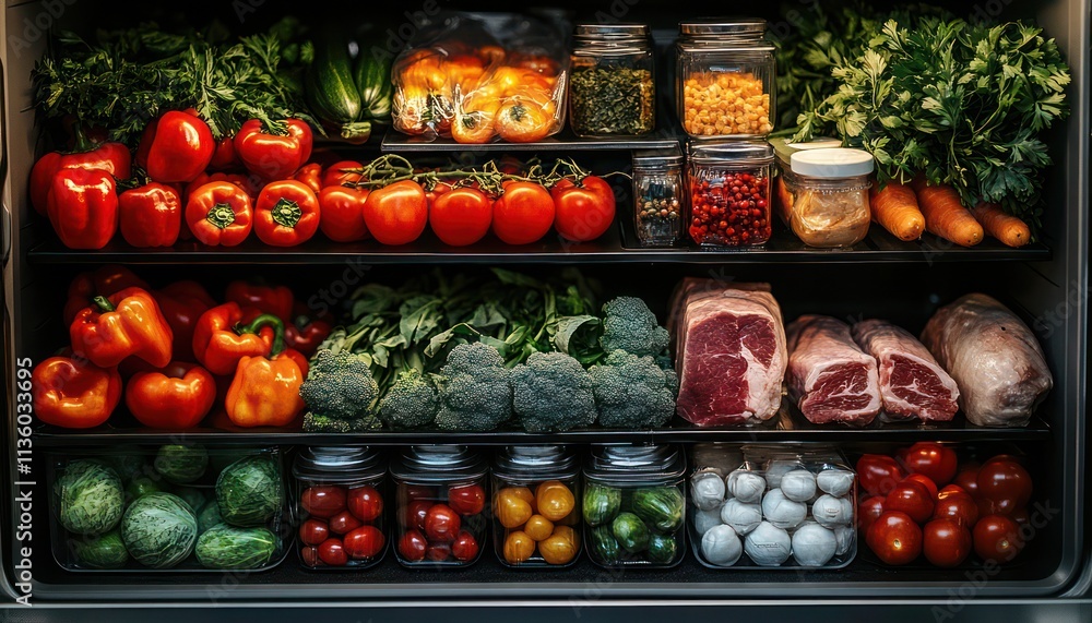 Organized Refrigerator Close-Up: Fresh Ingredients for Recipe Inspiration Organized Refrigerator Close-Up: Fresh Ingredients for Recipe Inspiration
