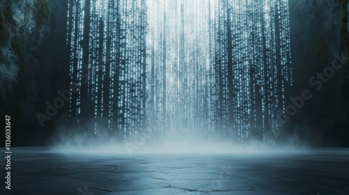 Futuristic digital waterfall in misty cybernetic environment