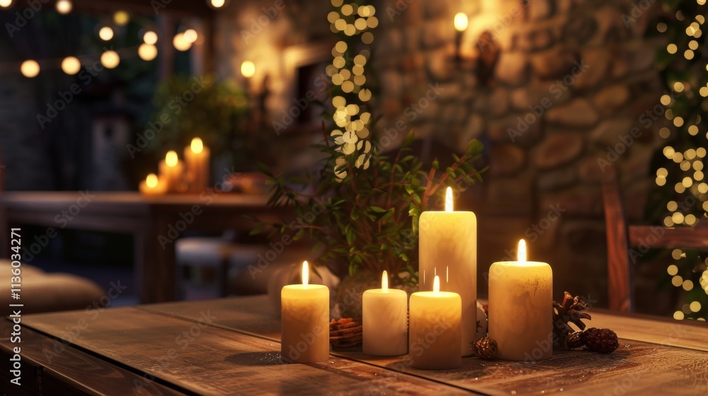 Elegant festive table setting with four glowing candles creating a warm and inviting atmosphere Elegant festive table setting with four glowing candles creating a warm and inviting atmosphere