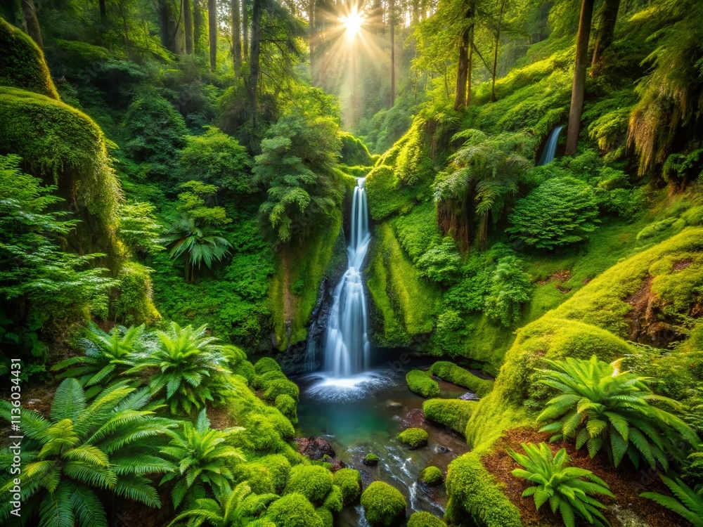 Fototapeta premium Aerial View of a Lush Green Temperate Rainforest Showcasing Biodiversity with Moss, Ferns, and Cascading Waterfalls in a Vibrant Natural Landscape