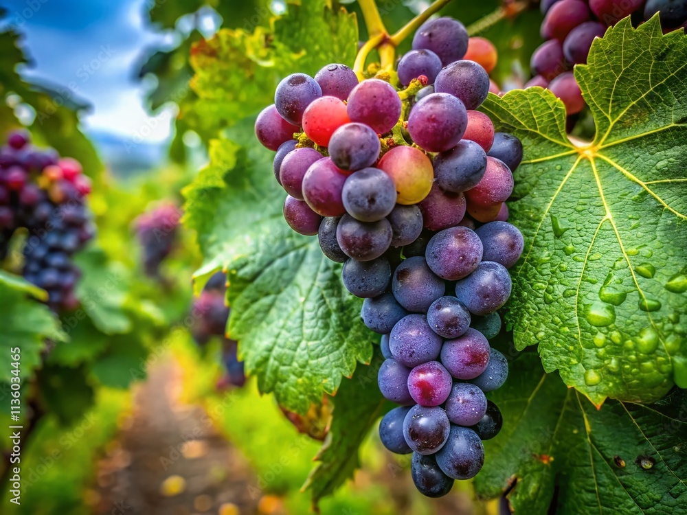 Aerial View of a Lush Vineyard Showcasing a Closeup of a Grape Bunch Dripping with Rain, Capturing the Beauty of Nature's Bounty in a Serene Landscape Aerial View of a Lush Vineyard Showcasing a Closeup of a Grape Bunch Dripping with Rain, Capturing the Beauty of Nature's Bounty in a Serene Landscape