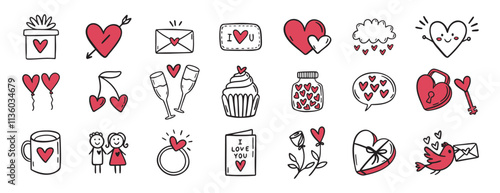 cute Valentine day with hearts, love, flowers, birds, lovers doodle hand drawn icon set. Outline drawing Valentines day line clipart symbol collection