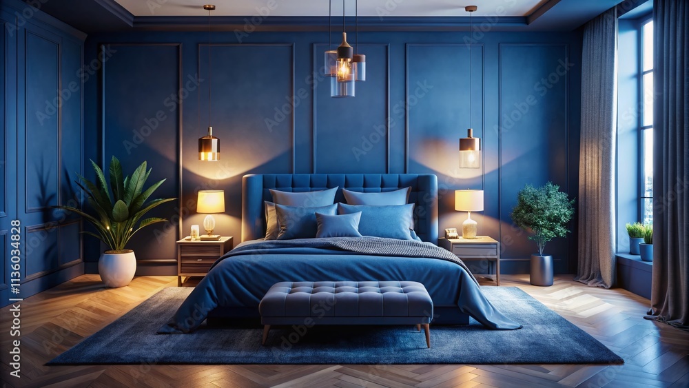 Fototapeta premium Aerial View of a Serene Dark Blue Room with Cozy Bedding and Soft Ambient Lighting, Perfect for Relaxation and Rest, Inviting Calmness and Peaceful Sleep Environment