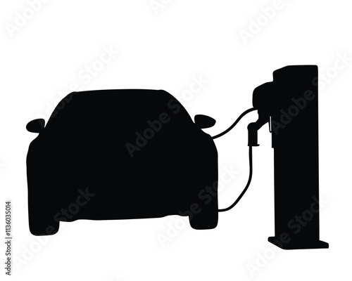 Electric car plugged into a charging station silhouette illustration
