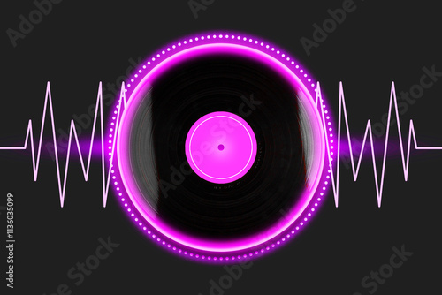 Vinyl Record player, on bright pink background. Top view. Musical