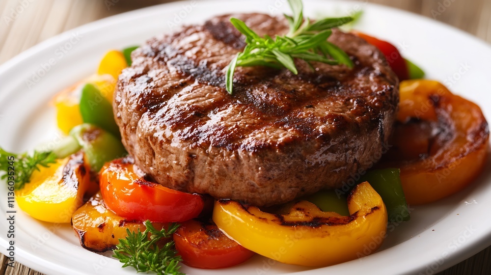Grilled beef burger patty with roasted peppers and fresh herbs on pristine white plate : Generative AI Grilled beef burger patty with roasted peppers and fresh herbs on pristine white plate : Generative AI