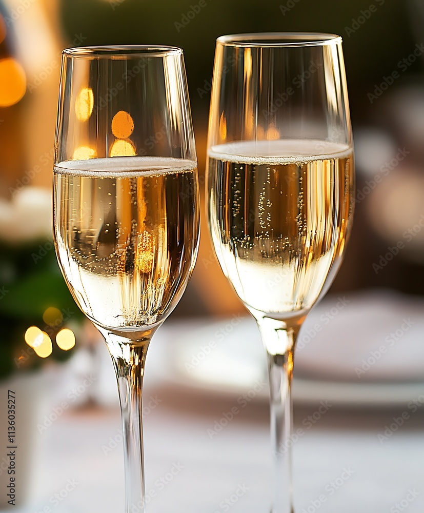 Elegant Champagne Flutes With Bubbly Celebration Drink On Table : Generative AI