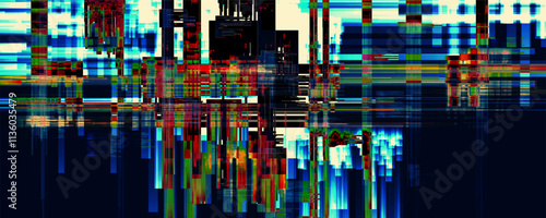 Glitch background. Digital colorful distortion with pixelated interference and corrupted screen visuals. Abstract noise effect, error signal, television technical problem. Vector illustration.