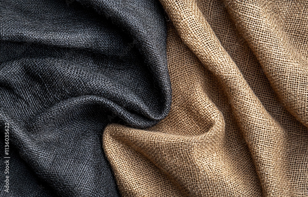 Fototapeta premium Draped Black and Beige Burlap Fabric Texture