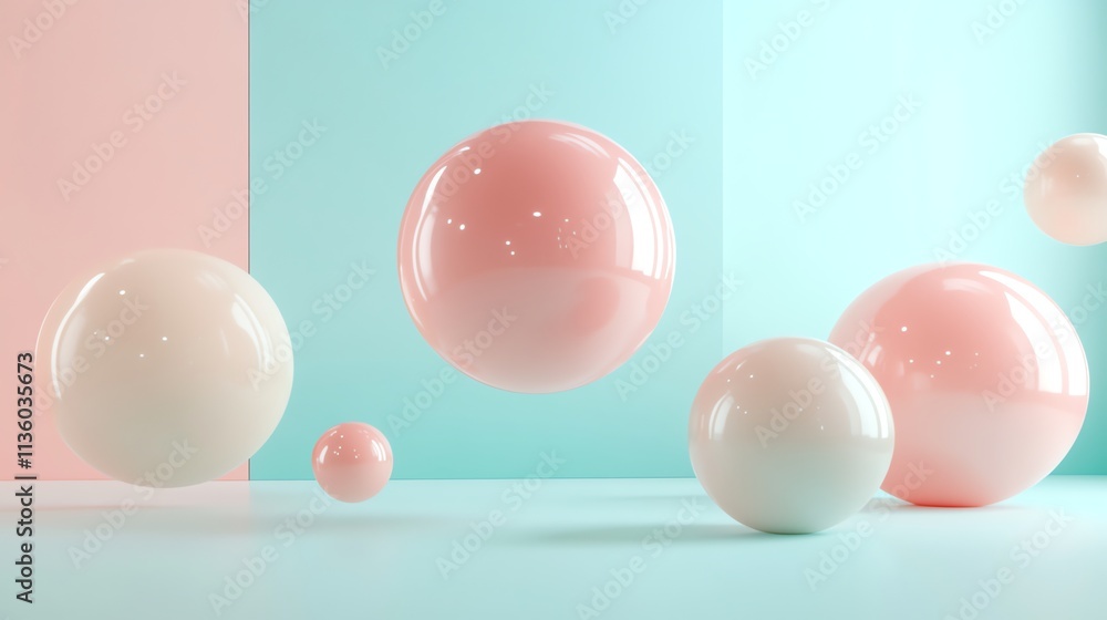 3D rendering of colorful spheres and cubes floating in a pastel space. 3D rendering of colorful spheres and cubes floating in a pastel space.