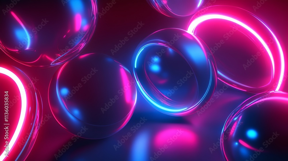 3D rendering of glowing blue and pink neon lights around spheres in a dark space. 3D rendering of glowing blue and pink neon lights around spheres in a dark space.